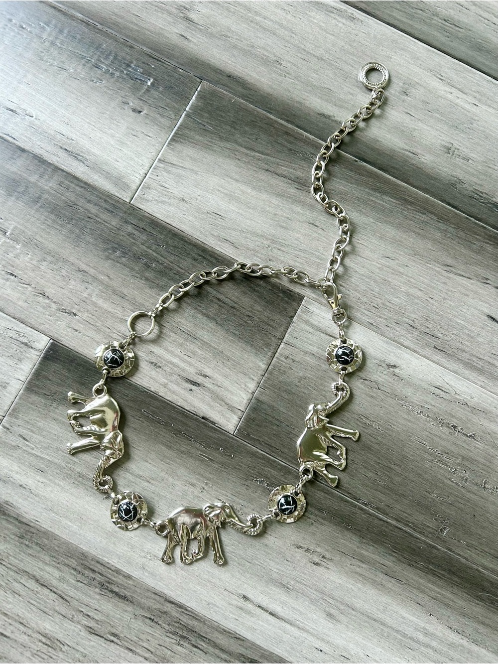 Vintage 90s Silver Plated Elephant Chain Belt w/ Faux Marble Stones